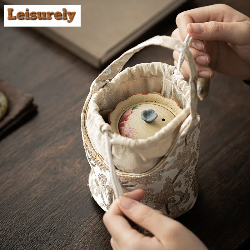 Chinese Brocade Drawstring Tea Cozies Japanese Tea Cozy for Teapot Portable Bag Travel Tea Set Bag Chinese Tea Set Accessories view 3