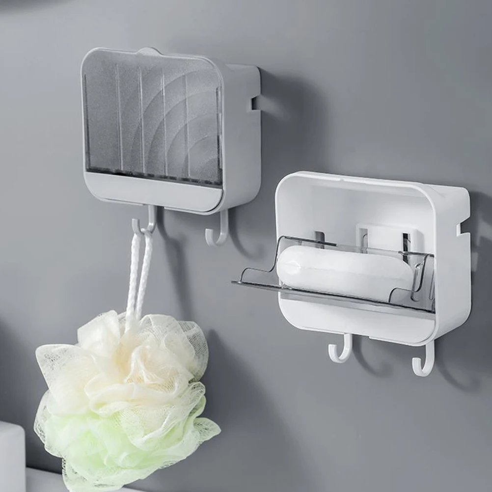 

2pcs Wall Mounted Holder Waterproof Plastic Soap Dish With Hooks Shower Soap Tray Bathroom Bathtub Kitchen Sink Use