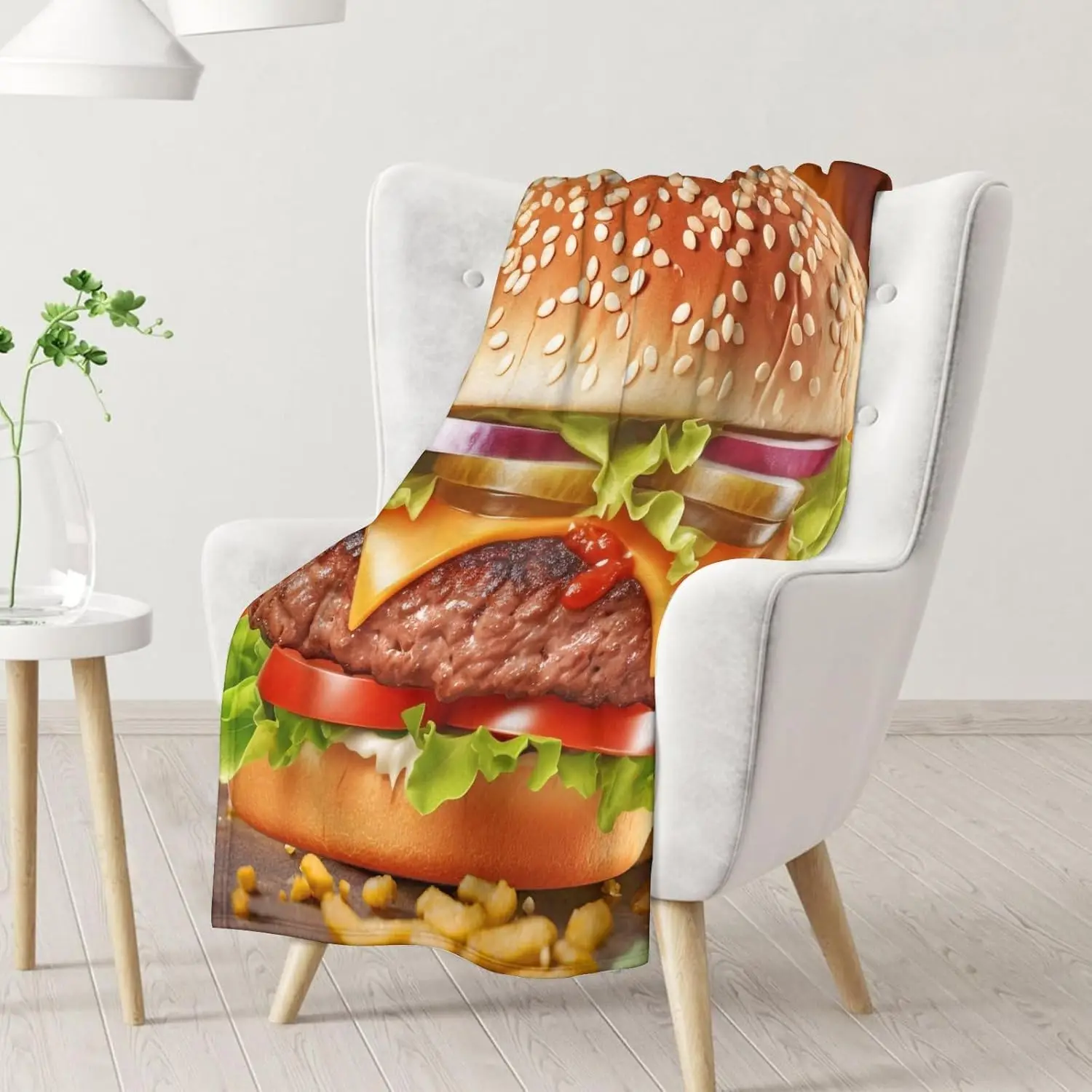 Hamburger Blanket Gifts for Adults - 60 x 80 Inches Twin Size Orange Blanket for Cheeseburger Lovers - Soft Warm Funny