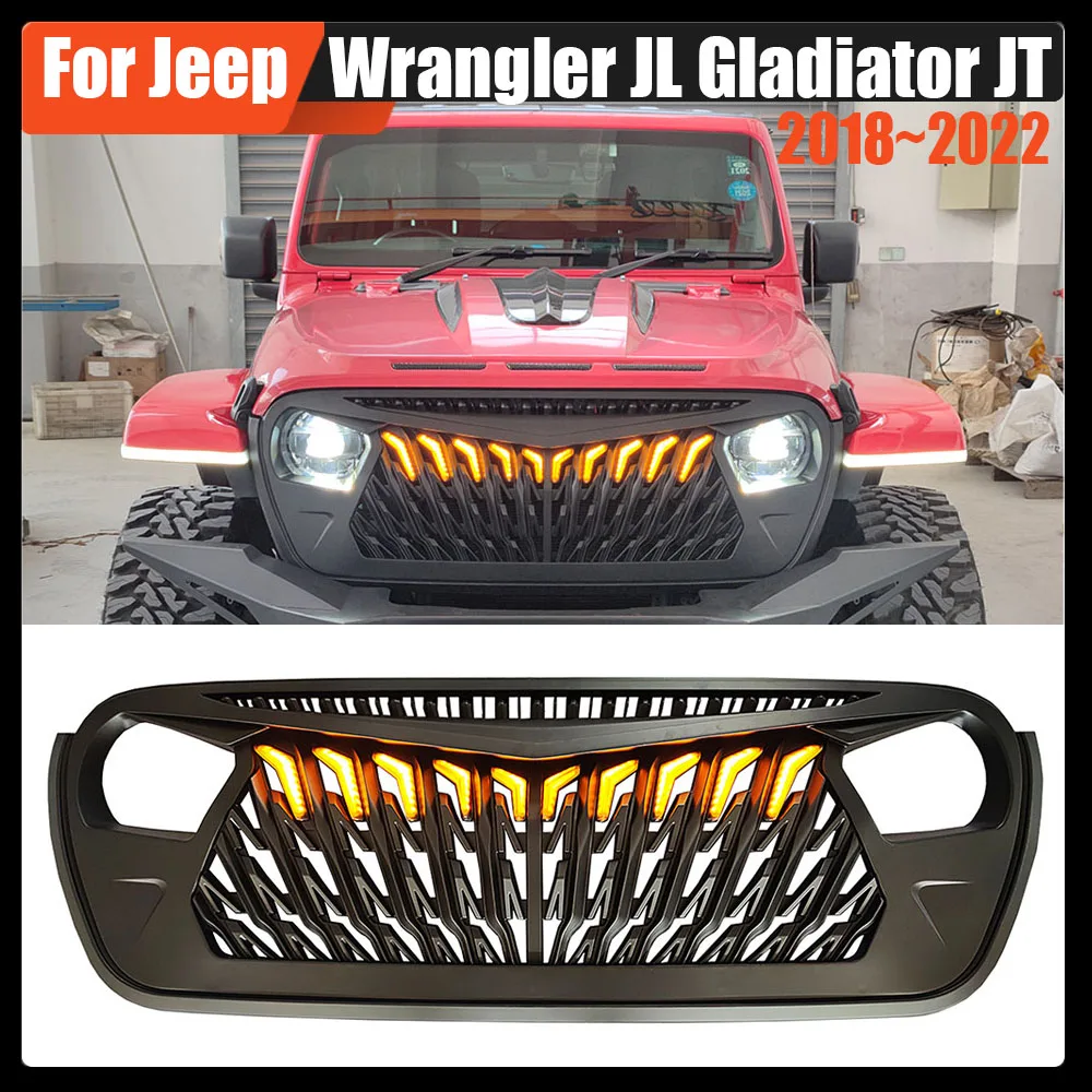 

For Jeep Wrangler JL Gladiator JT 2018~2022 Car Front Grille Off Road 4x4 Racing Hawlk Wings Grills With Light