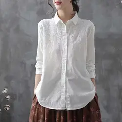 Pure Cotton Embroidered Shirt Women Loose Casual Retro Literary 2025 Spring and Autumn New Long-sleeved White Shirt Chic Top