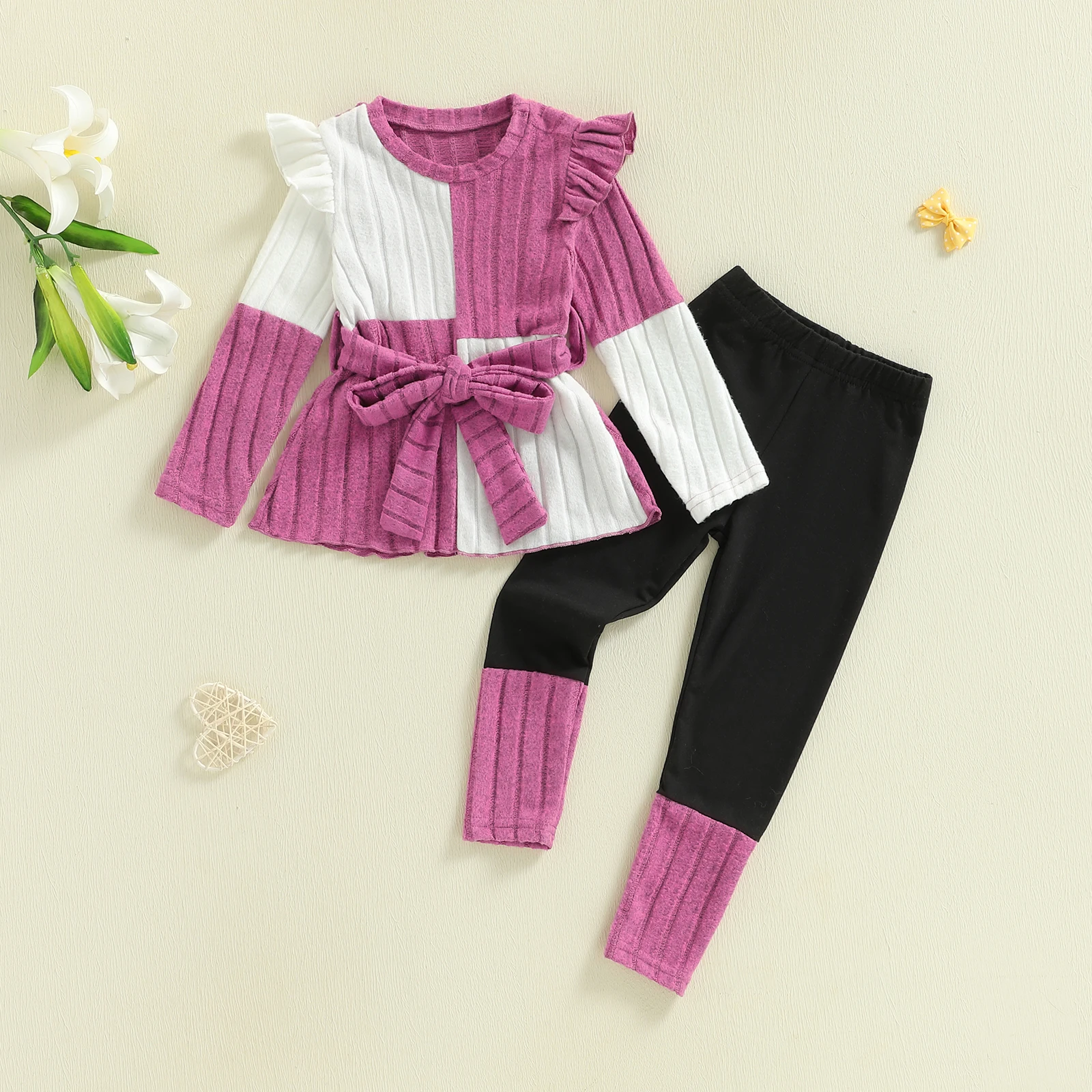 طقم ملابس تريكو للفتيات الصغيرات مع بنطال وحزام برقبة دائرية مكشكشة - مجموعة مكونة من 3 قطع بألوان متباينة
