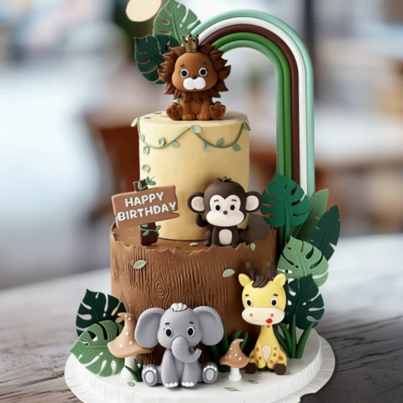 Safari Dschungel Tier Kuchen Topper mit Giraffe Elefant Affe Löwe Wald Tier Puppen Kinder Geburtstag Partybevorzugung Kinder Geschenke