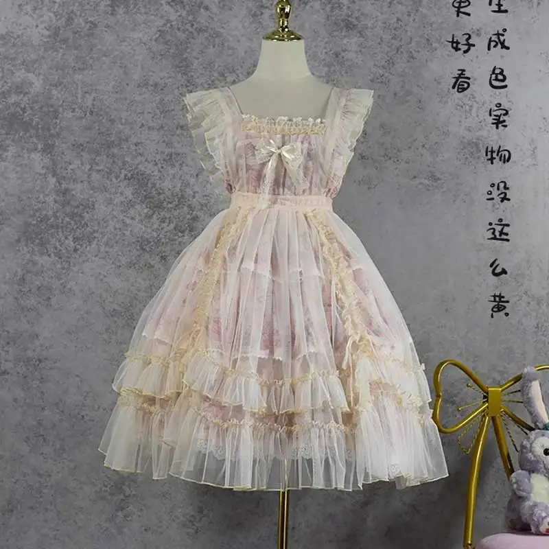 Japanse Kawaii Lolita Jsk Jurk Voor Vrouwen, Kant Mesh Ruche Strik, Mouwloze Sling Jurken, Prinses Feest Mini Jurk