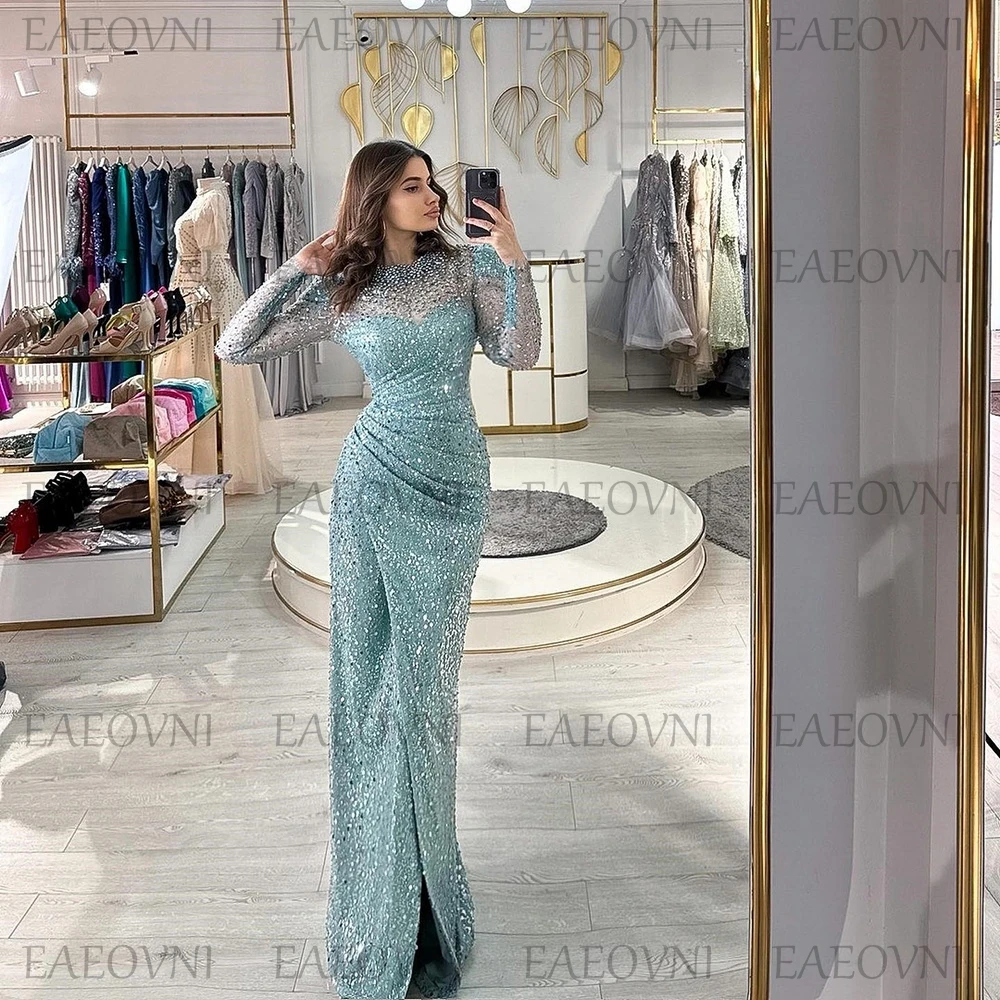 Customized Sparkly Stylish Long Sleeve Beads Sequins Prom Dresses High Illusion Evening Gown Pleat Banquet Dress платья на торже