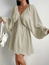 Women Crinkle Texture Plunging Neck Balloon Sleeve Mini Dress Spring Summer Mint Green Dress Vacation Boho Beach Outfit