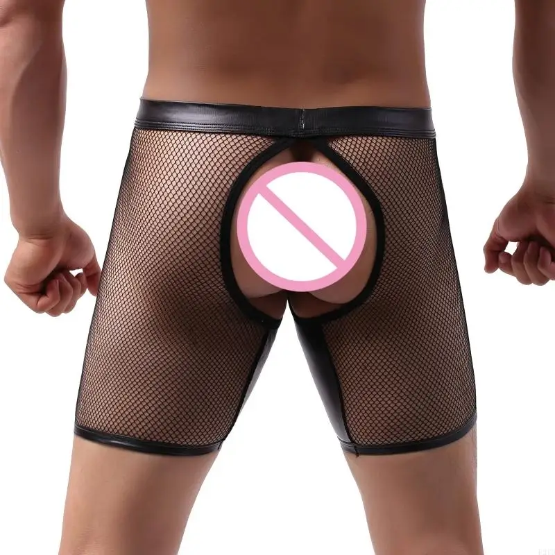 F2TD Stylish Black Men's Underpants with Removable Faux Leather Pouch See Through Fishnet Mesh Shorts Pant Lingerie Underwear