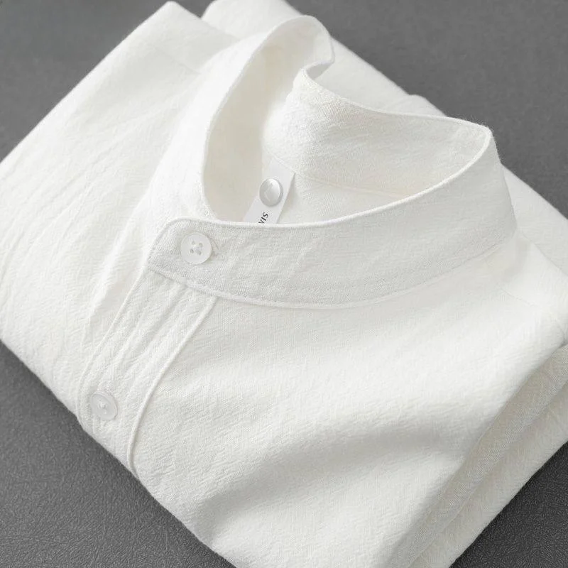 

Summer Men's Short Sleeve Shirt Linen Cotton Blend Henry Collar Stand up Pure Color Bottom Single Wear Casual Mid-aged Men's Set