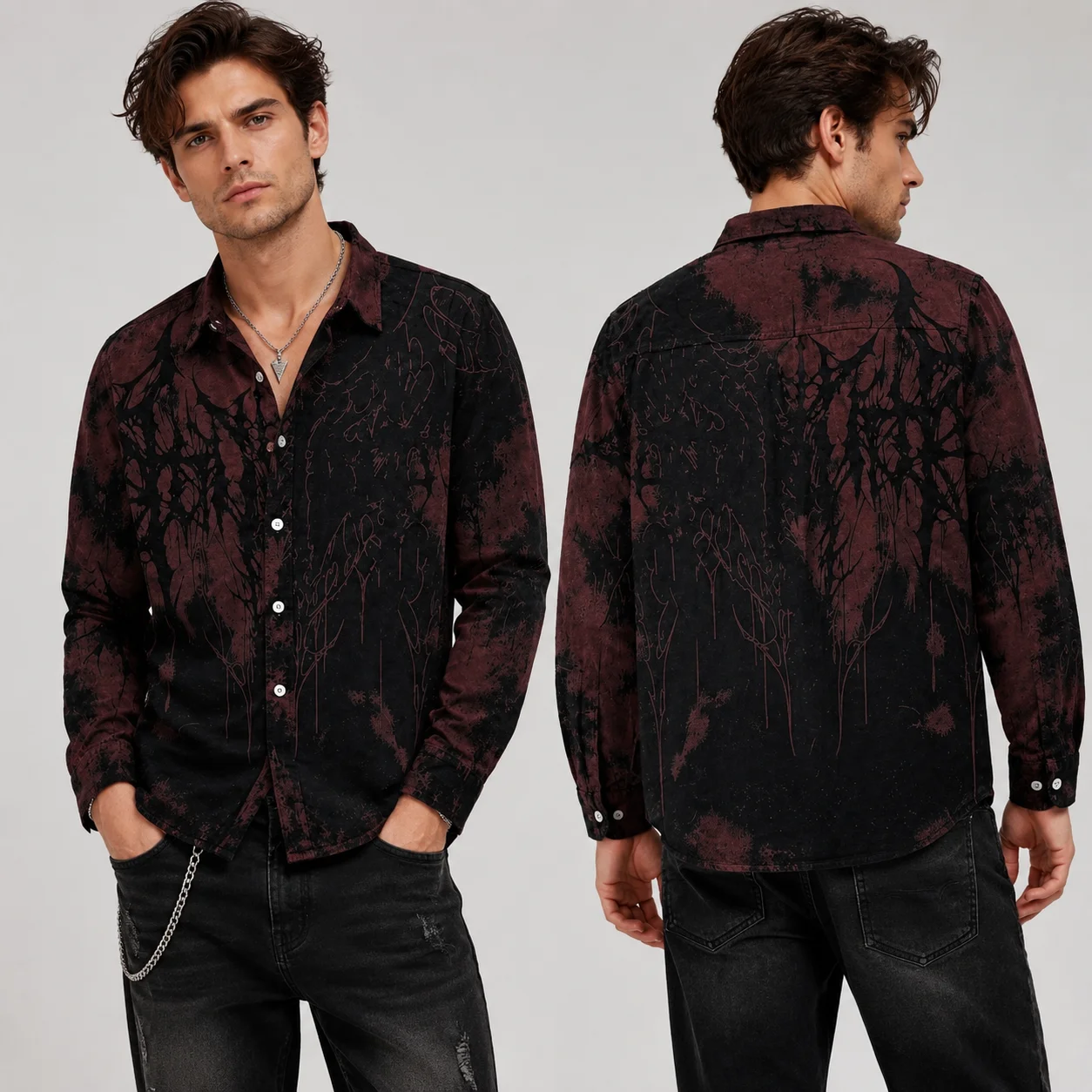 Vintage Cotton Long Sleeve Shirt Gothic Dark Dead Tree Print Button Up Shirts Man Punk Rock Black Metal Streetwear Casual Top