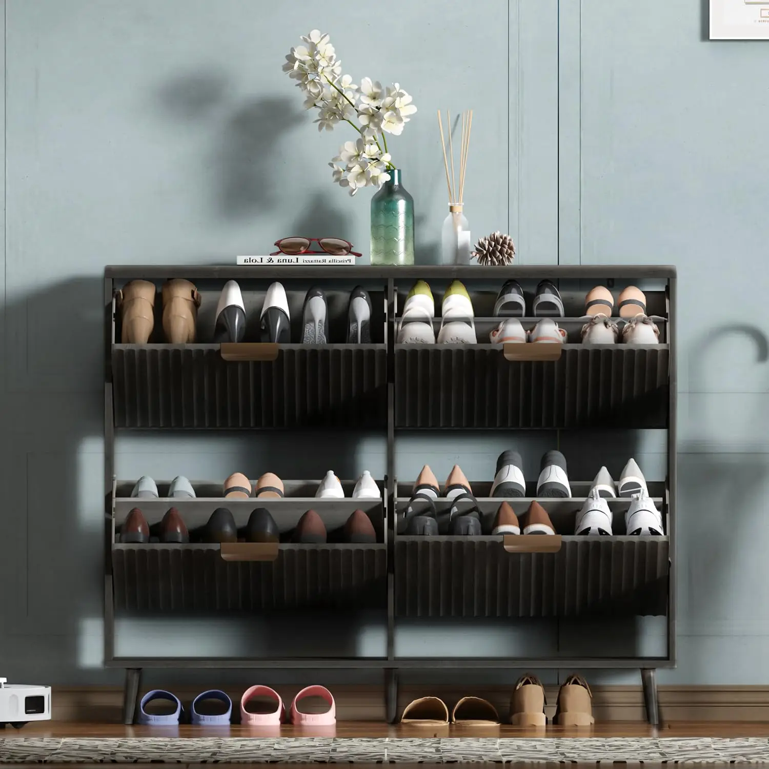 Shoe Rack Cabinet Narrow Entryway - Schuhschrank zur Aufbewahrung, modernes, freistehendes Möbelstück
