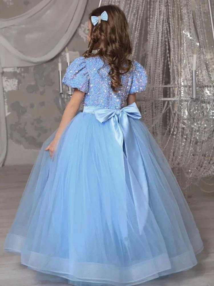 Blue Flower Girl Dresses Sequin Top Tulle Puffy Skirt With Bow Short Sleeve For Wedding Birthday Banquet First Communion Gowns