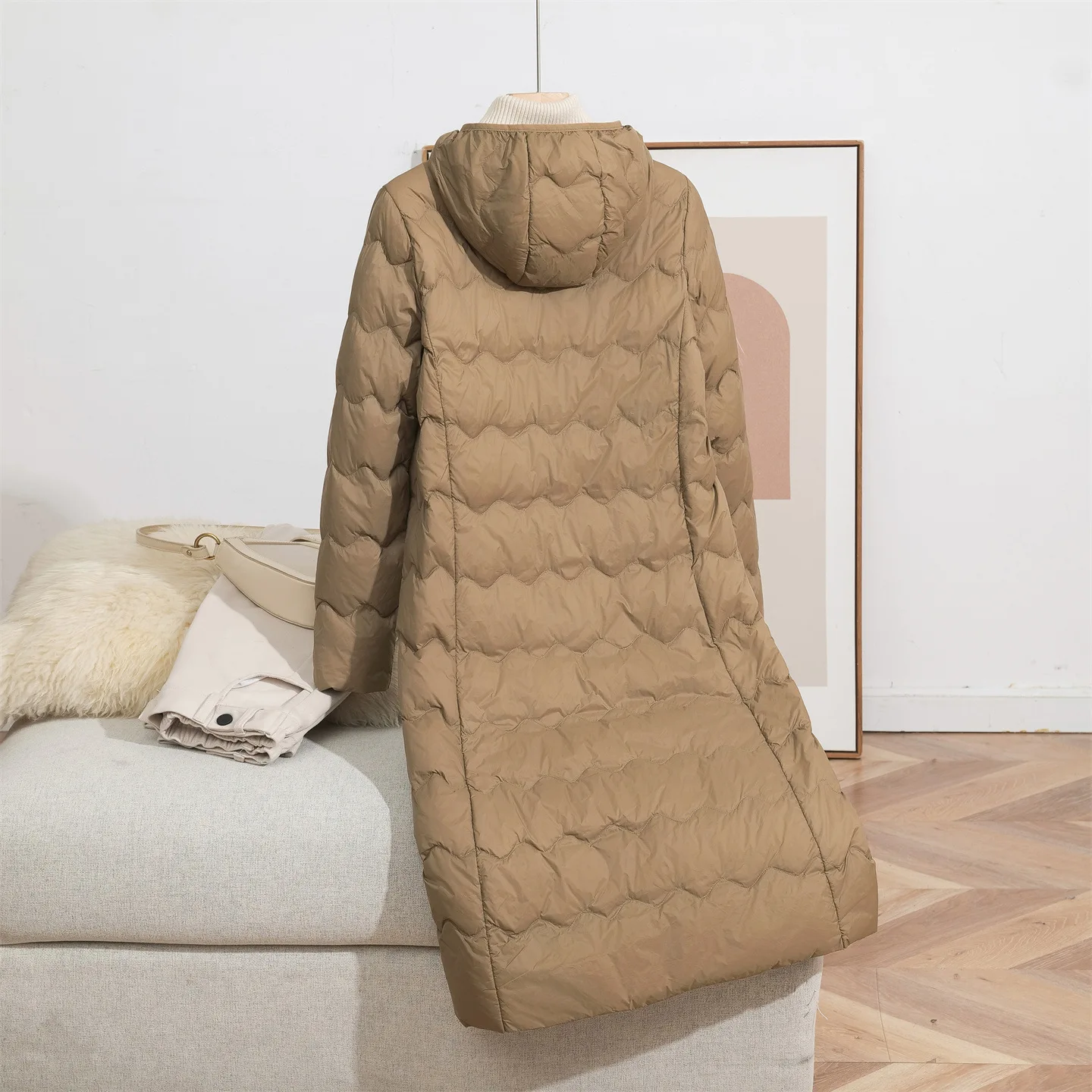 Chaqueta acolchada larga con capucha para mujer, abrigo acolchado ligero sencillo de Color sólido para invierno, abrigo grueso informal americano a la moda