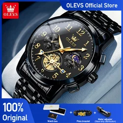 OLEVS Men's Watches Top Brand Fashion Multifunctional Chronograph Moon Phase 24 Hour Original Quartz Watch for Man Waterproof