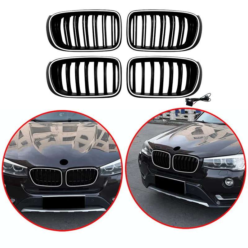 For BMW X3 X4 F25 F26 2014-2017 High Quality ABS Single Line & Double Lines LED Kidney Grille Front Racing Grills Gloss Black