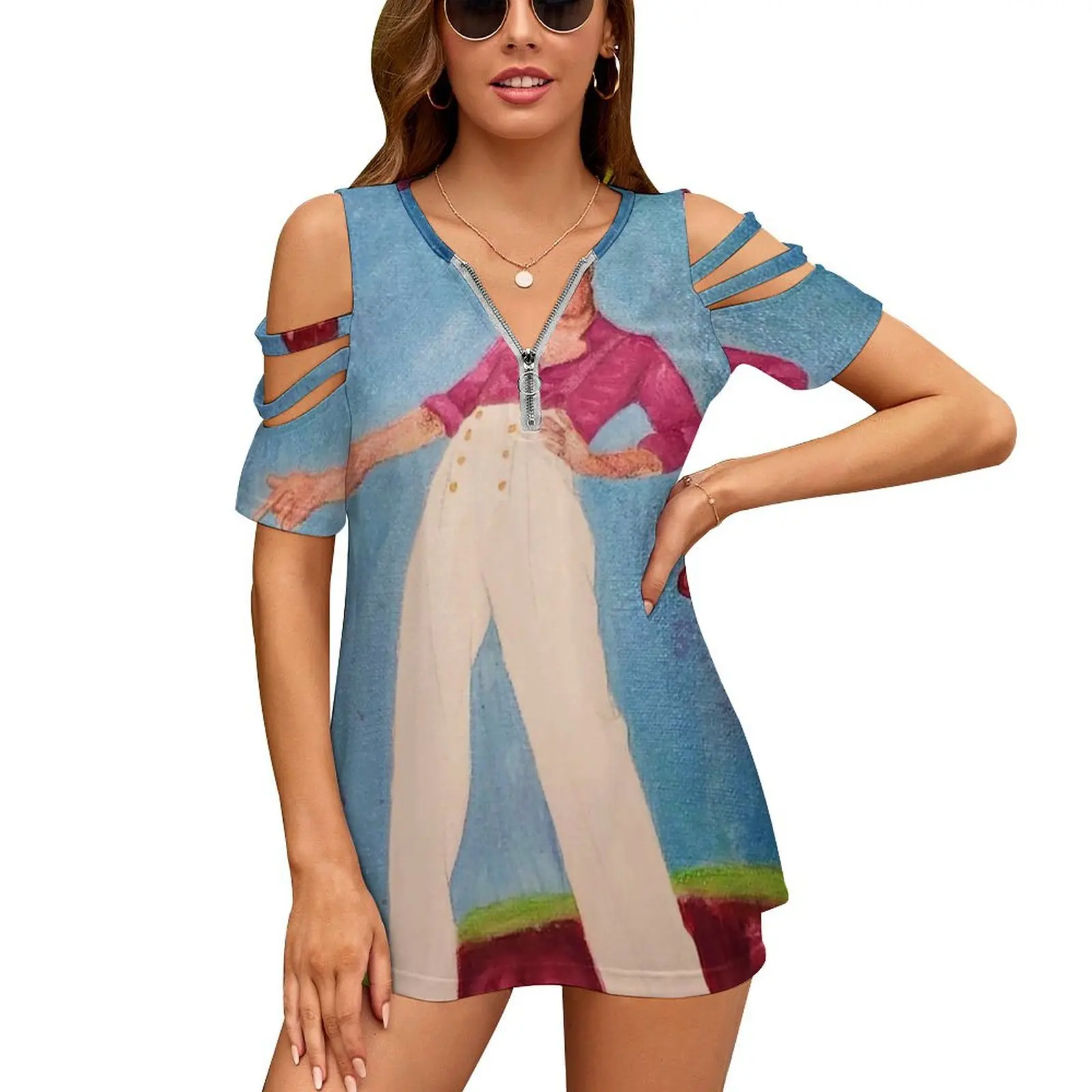 Watermelon Sugar Women's T-Shirt Summer Fashion Print Floral V-Neck Zipper Tshirt Hollow Pullover Ladies Top Watermelon Sugar
