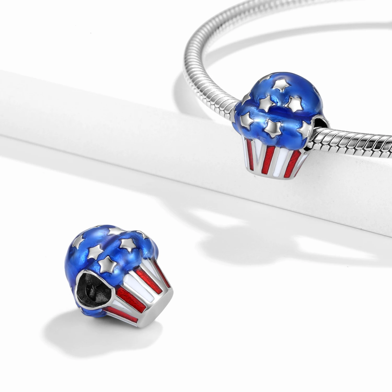 925 Sterling Silver American Flag Style Blue Color Star Love Cake Cup Bead Pendant Charms for Women Girl Diy Bracelet