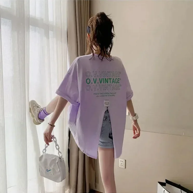 Tops Midi Casual Pulovers Fashion Aesthetic Short Sleeve Korean Graphic Women's T-shirt Summer T Shirt Clothes Backless Loose