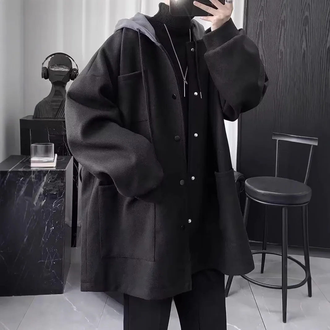 Man Hooded Jacket 2025 Autumn Winter Men's Blend Wool Coat Hooded Cotton Padded Mid Length Spring Outerwear Windbreaker