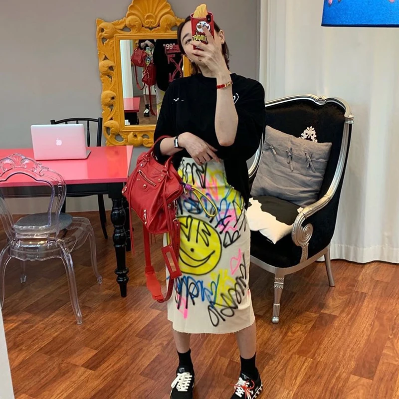 

Abstract fiti Face Heavyweight A-Line Skirt Women's Faion High Waist Midi Skirt Body a Slim Fit