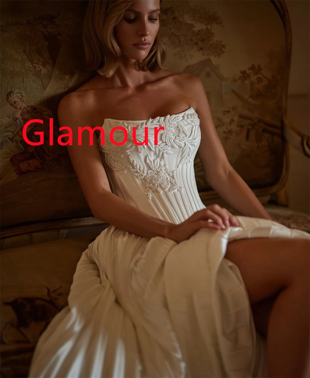

Customized High Quality White Jersey Evening Dress Exquisite Strapless Sleeveless Lace Up Back Side Slit Homecoming Dress