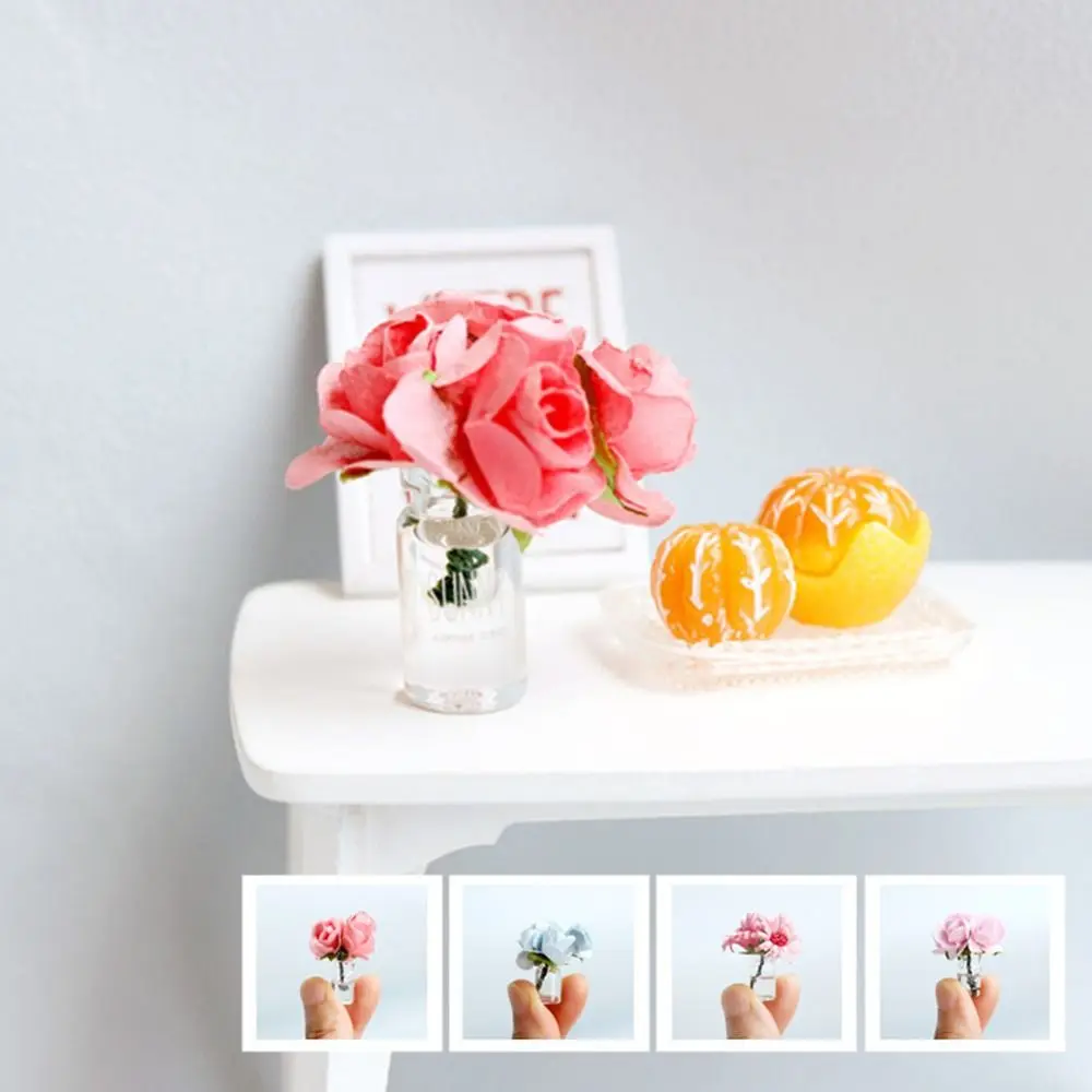 لعبة 1/6 1/8 1/12 دمية زهرة زهرية متعدد الألوان روز ديزي مصغرة باقة الورد الجنية حديقة اللعب منزل مزهرية صغيرة زهرة #2