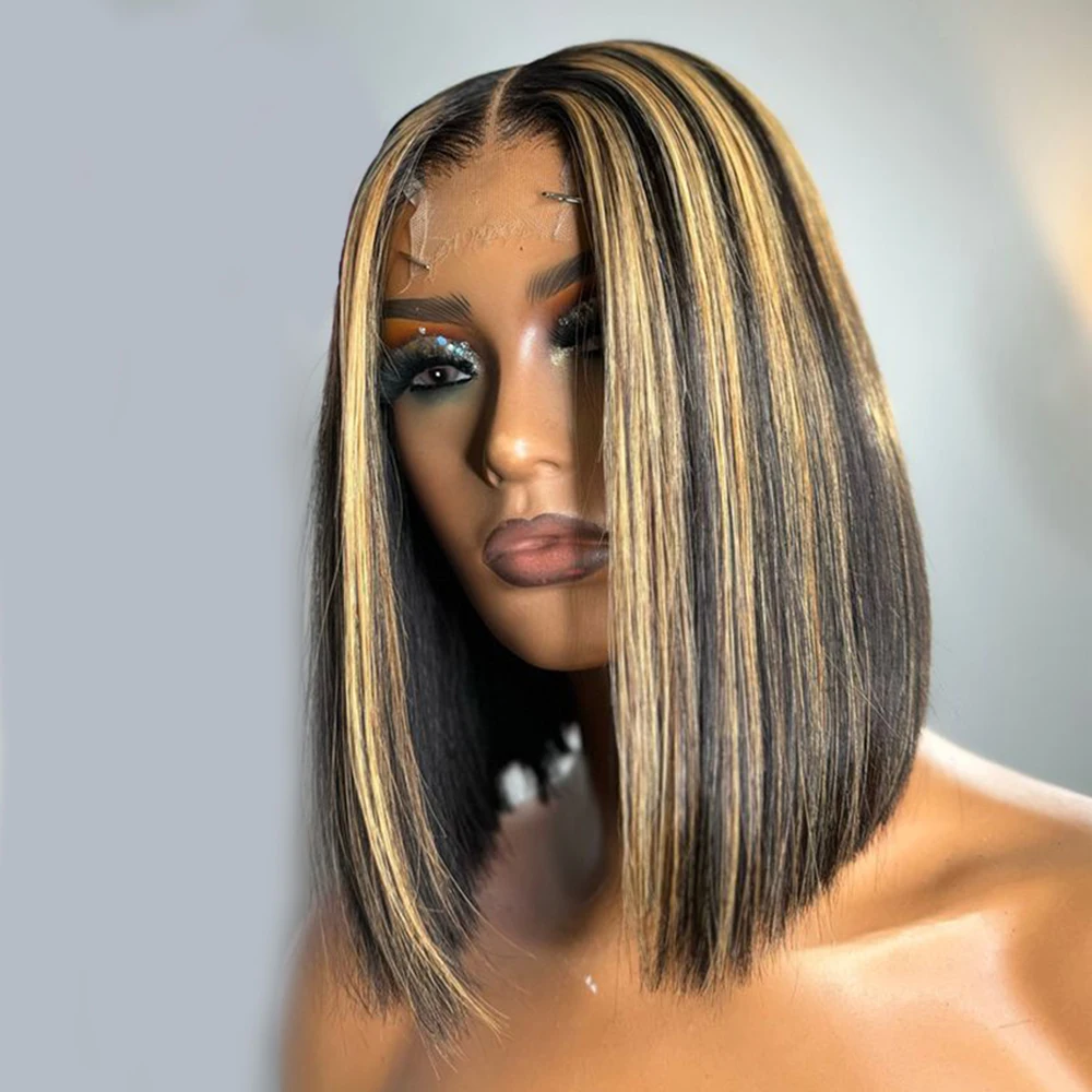 200% 1B/27 Ombre Highlight 13x4 Transparent Lace Front Human Hair Wig Pre pluck With Natural Hairline Straight Short Bob Wig image 2