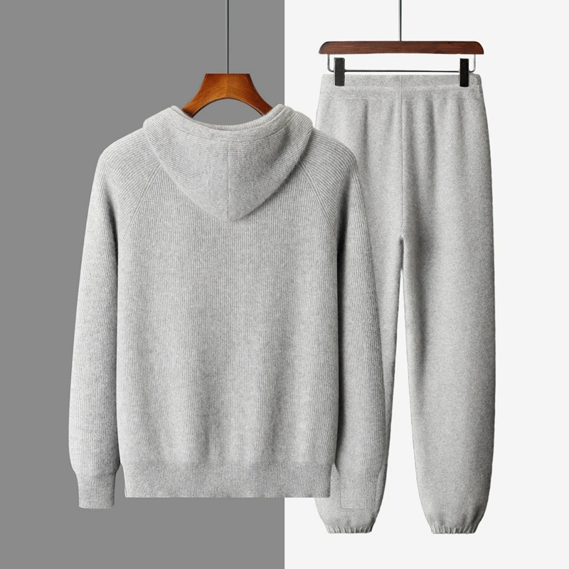 ANGEL 100% Cashmere Men Hoodie Cardigan and Pants Knit Set Autumn Winter Thick Smart Casual Cashmere Sweater Trousers Suit Set