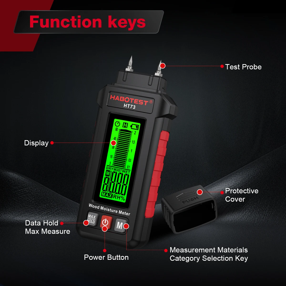 HT73 المهنية الرقمية الخشب مقياس الرطوبة 0-99.9% اختبار محتوى الرطوبة اثنين دبابيس الرقمية الرطوبة محلل الرطوبة