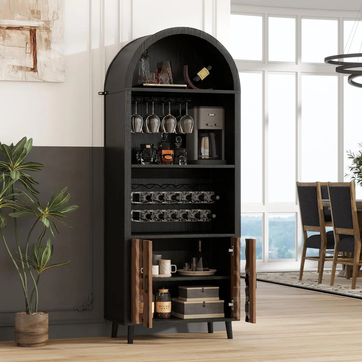 

71" Arched Wine Cabinet Storage Rack & Glass Holder 5-Tier Pantry Whiskey Station Doors Shelves Dining Room, Customized
