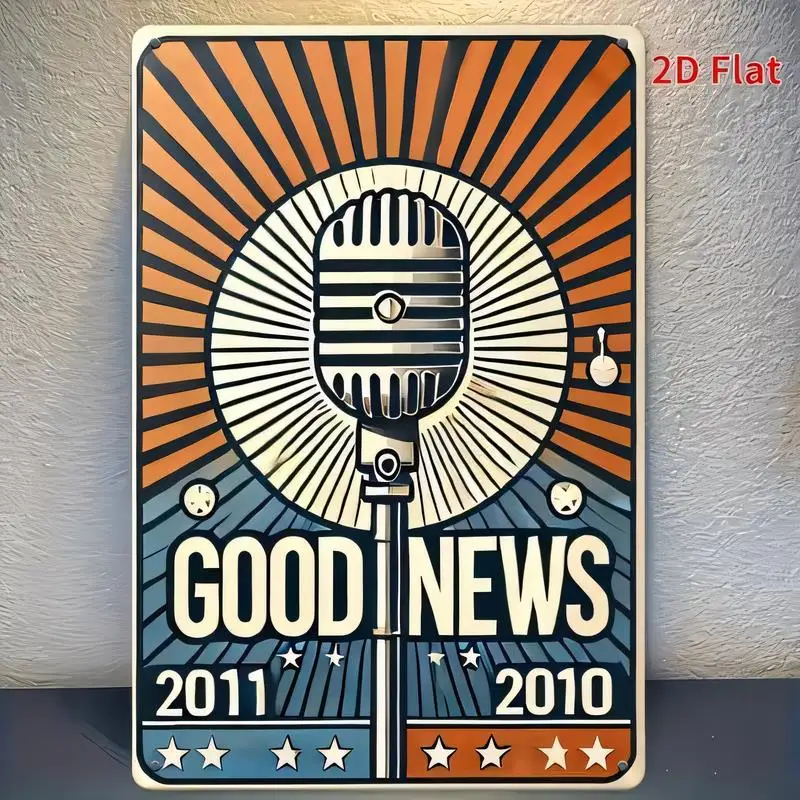 Good News Vintage Microphone Metal Tin Sign - Retro Radiant Design (Orange/Blue), Iron, Perfect for Bar/Cafe/Home Wall Decor, 20