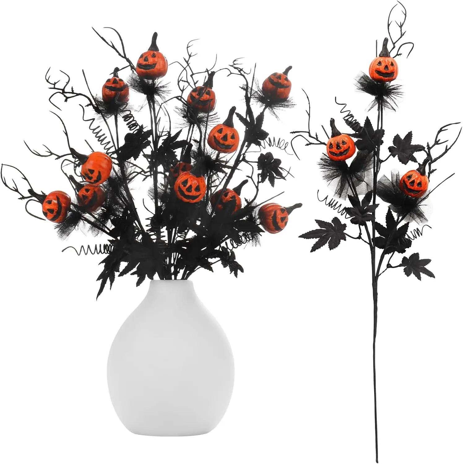 

5/10Pcs Artificial Halloween Stem with Pumpkins Black Maple Leaves Faux Picks Curly Willow Decorative for DIY Crafts Festival