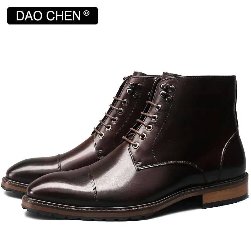 LUXURY BRAND MEN BOOTS SHOES COFFEE BLACK GENUINE LEATHER WINTER MENS DRESS BOOTS LACE UP WEDDING OFFICE ANKLE BOOTS MEN