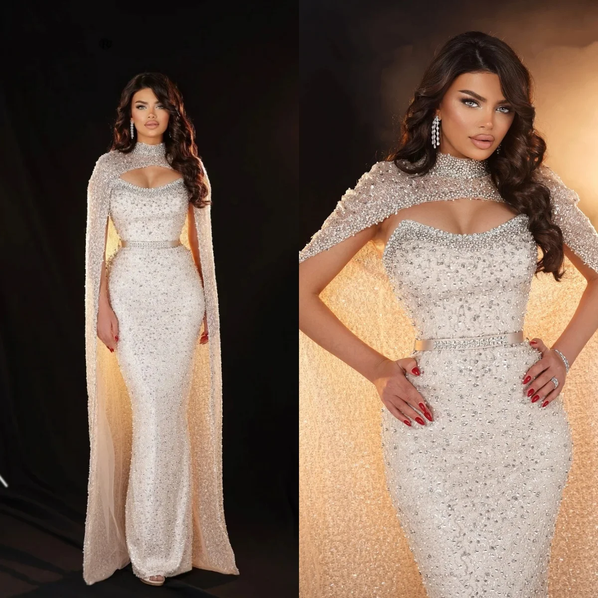 فساتين زفاف كريستال أنيقة ترتر بدون حمالات فساتين زفاف مع كيب بدون أكمام حورية البحر النحيفة مخصصة فيستدوس دي نوفيا