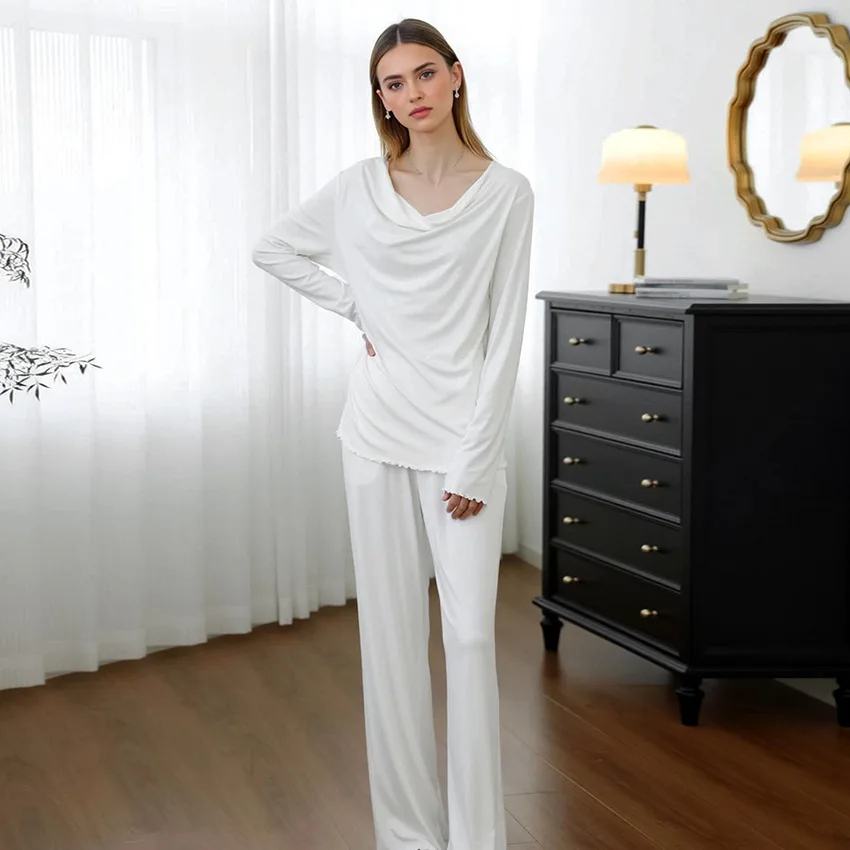 2026 Knitted Pajamas Women's Long-sleeved Trousers Two-piece Set Round Neck Loungewear