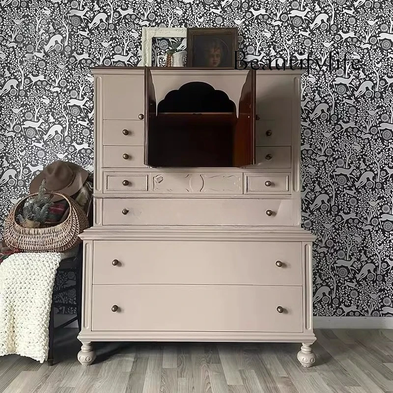 

French contrasting solid wood chest, bedroom wall storage cabinet, American retro living room storage decorative cabinet