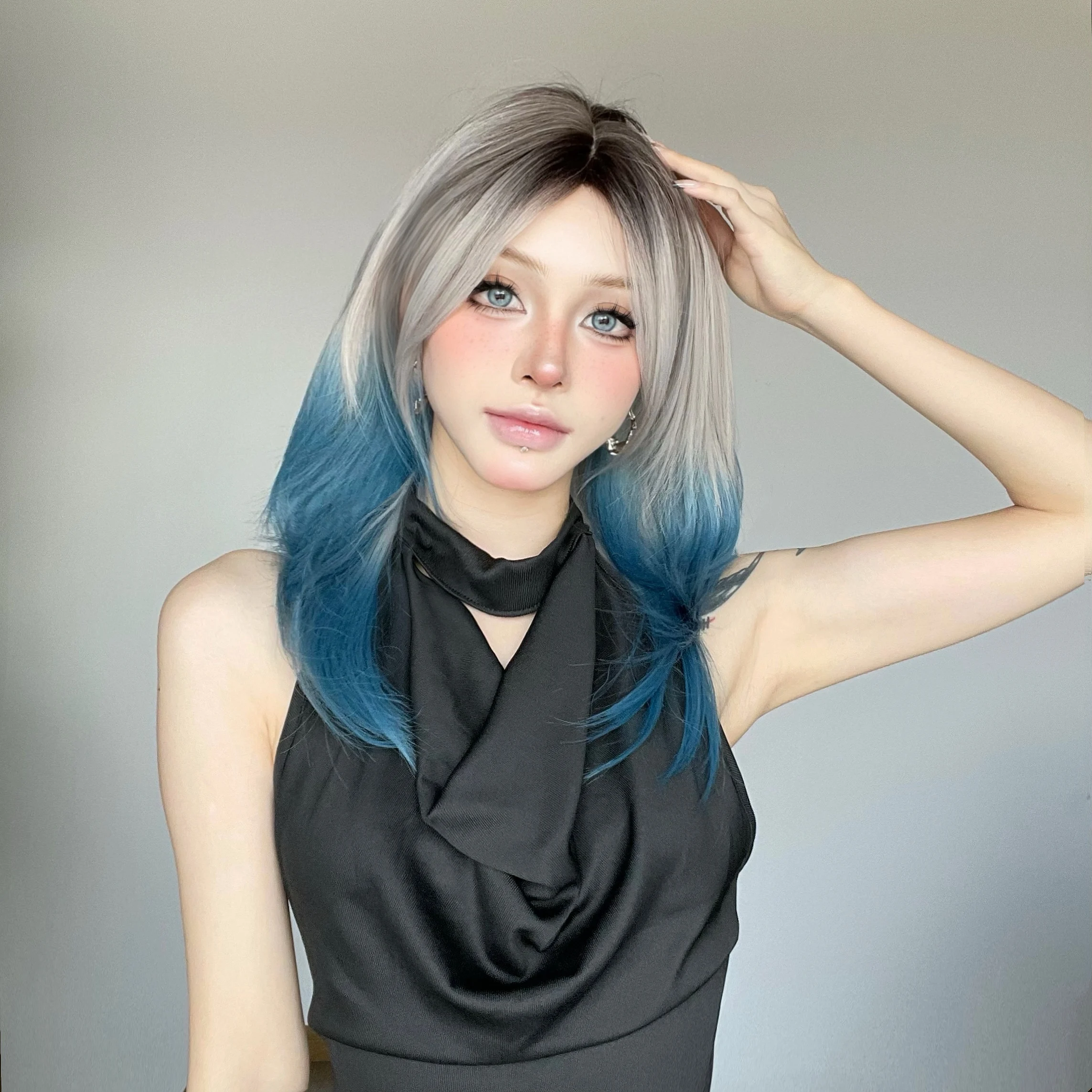 Allbell Magique Ombre Gray Blue Colorful Wigs For Women Lolita Cosplay Medium Length Straight Layered Synthetic Wigs With Bangs - Image 2