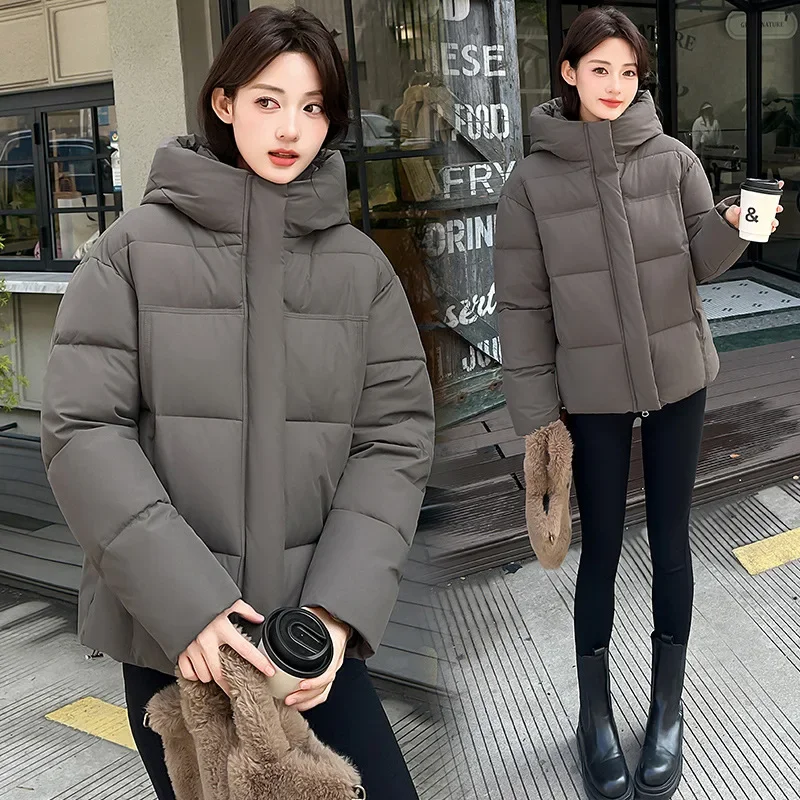 Thick Warm Solid Loose Winter Jackets Long Sleeve Hooded Stand Collar Women Cotton Padded Jackets Pockets Fashion Casual Parkas