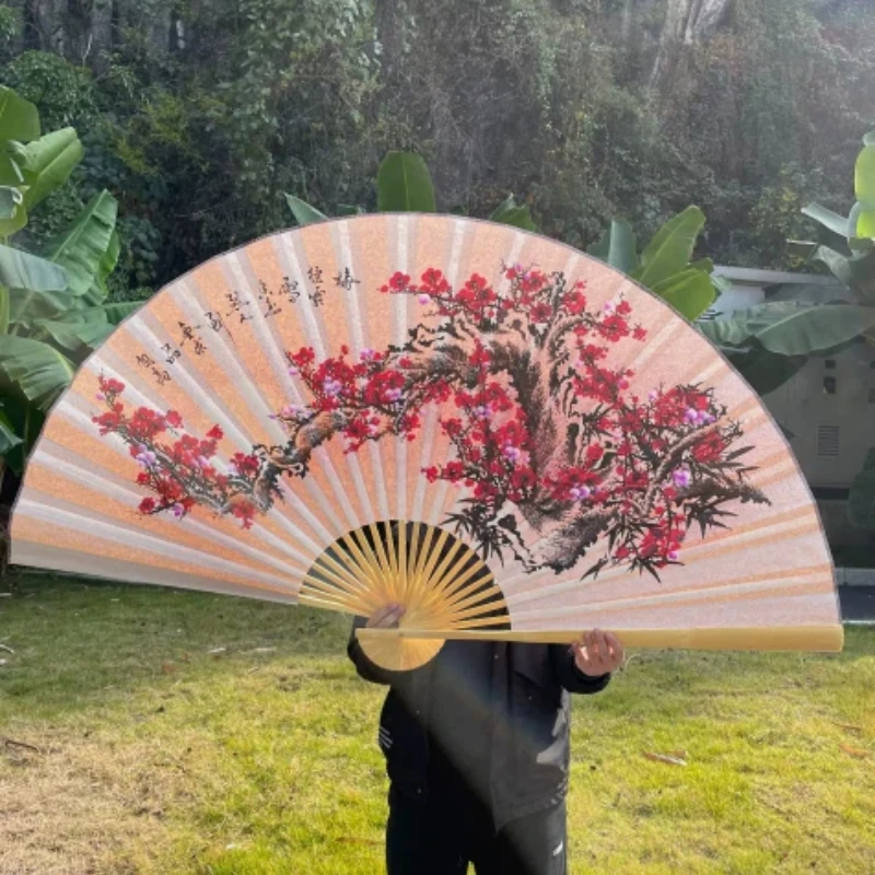 Red Fabric Wedding Decorative Folding Fan with White Plum Pattern Stage Background Hanging Ornament Gift Daily Fan Photo Prop