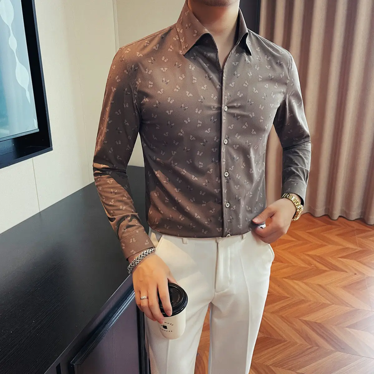 Butterfly Print Men's Long-sleeved Shirt Slim Fit Casual Business Shirt Versatile Comfortable Social Office Shirts Men Clothing