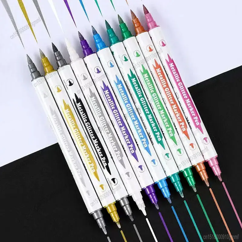 10 Color Set Metallic Glitter Marker Pen Soft Brush Hard Dual Tip Art Graffiti Painting Drawing Writing Calligraphy Stationery