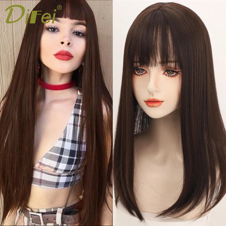 DIFEI Synthetic Long Wavy Hair Topper With Bangs Fake Hair Toupee Replacement Block  3D Air Bangs Hair Clip-In Hair Extension