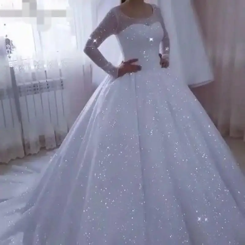 Glaring Vestido De Noiva Sparkle Свадебные платья 2025 Бальное платье с длинным рукавом размера плюс Свадебные платья принцессы для женщин Robe De M