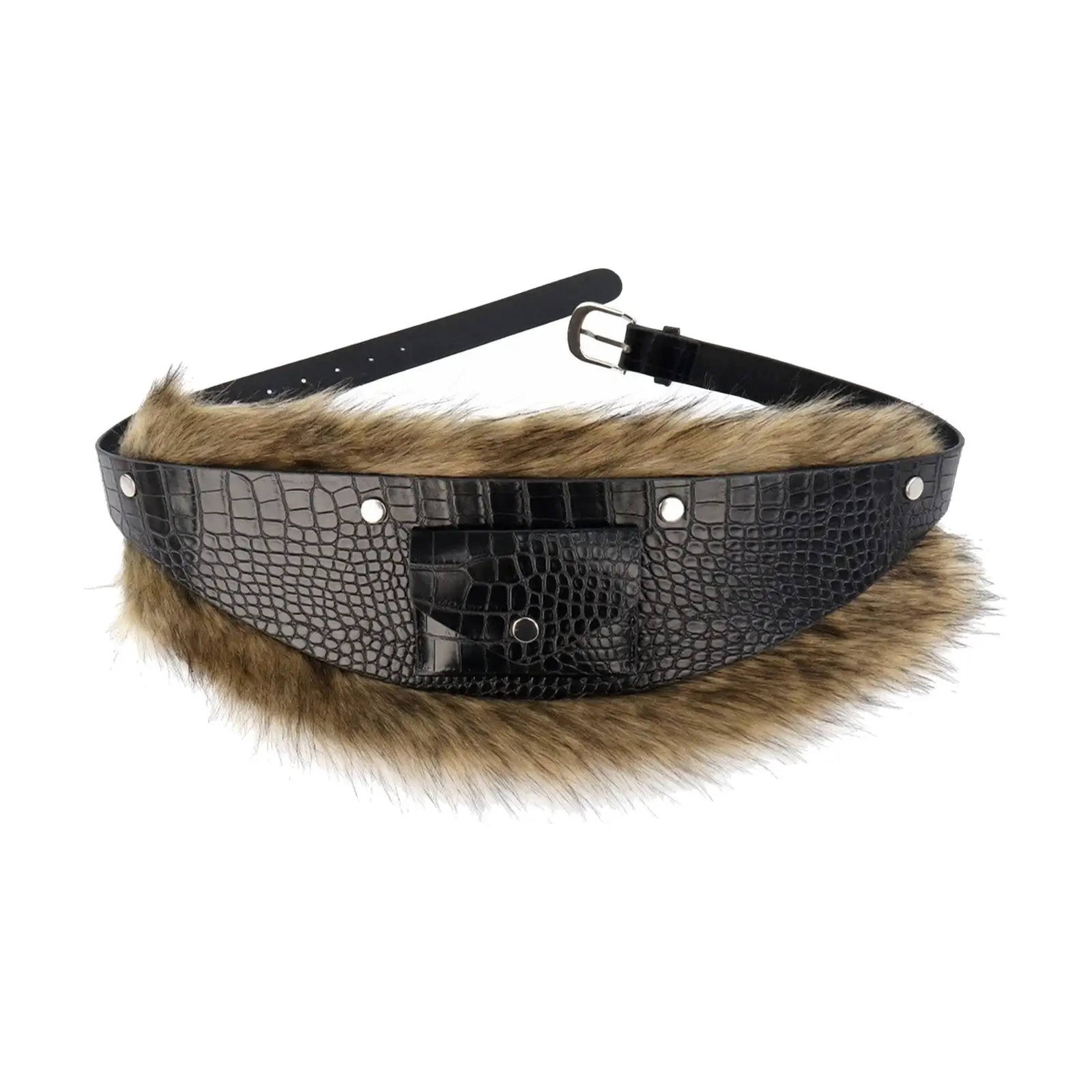 statement-faux-fur-belt-for-women-wide-leather-waistband-with-crocodile-texture-front-pocket-snapped-closure-for-streetwear