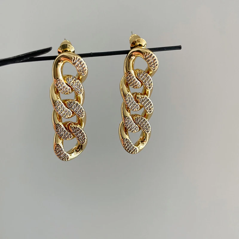 Exaggerated personality rhinestone metal chain earrings long chunky trendy unique ear pendants