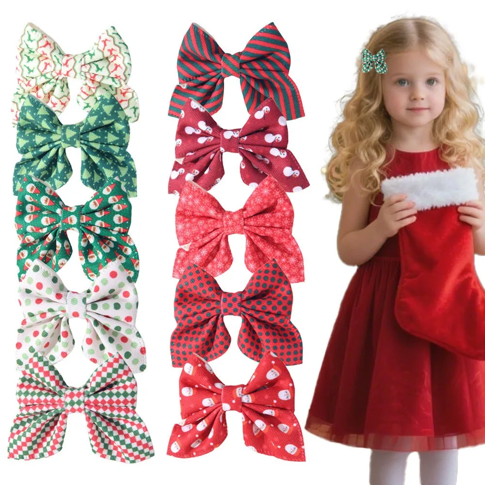 

120pcs Baby Girl Christmas Tree & Santa Snow Print Hair Bows Hair Clips Fable Bow Hairpins Bulk Xmas Hair Accessories for Kids