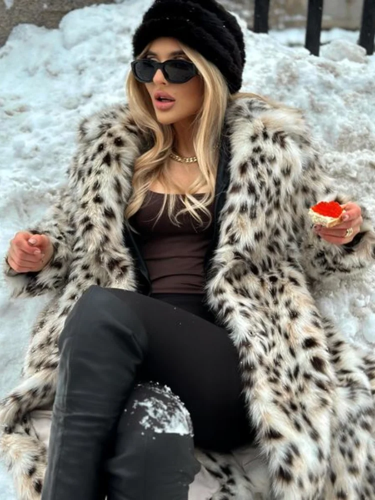 Retro Leopard Faux Fur Long Coat Women Warm Thicken Oversize Jacket Female Winter Casual Loose Street Outwears 2024 New In Coats