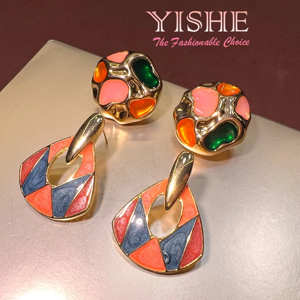 Prosperous same enamel triangular earrings, medieval niche design S925 copper-plated real gold high-end earrings