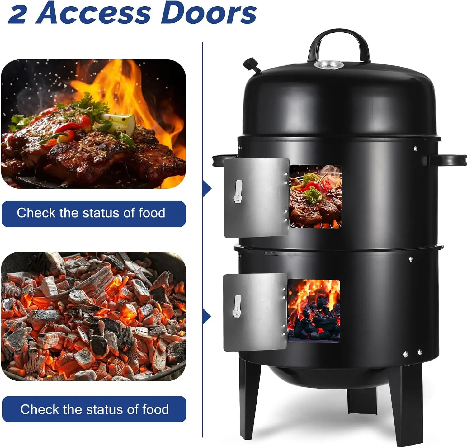 شواية فحم مقاس 16.5 بوصة مع ميزان حرارة، مدخن عمودي محمول 3 في 1، أسود #2