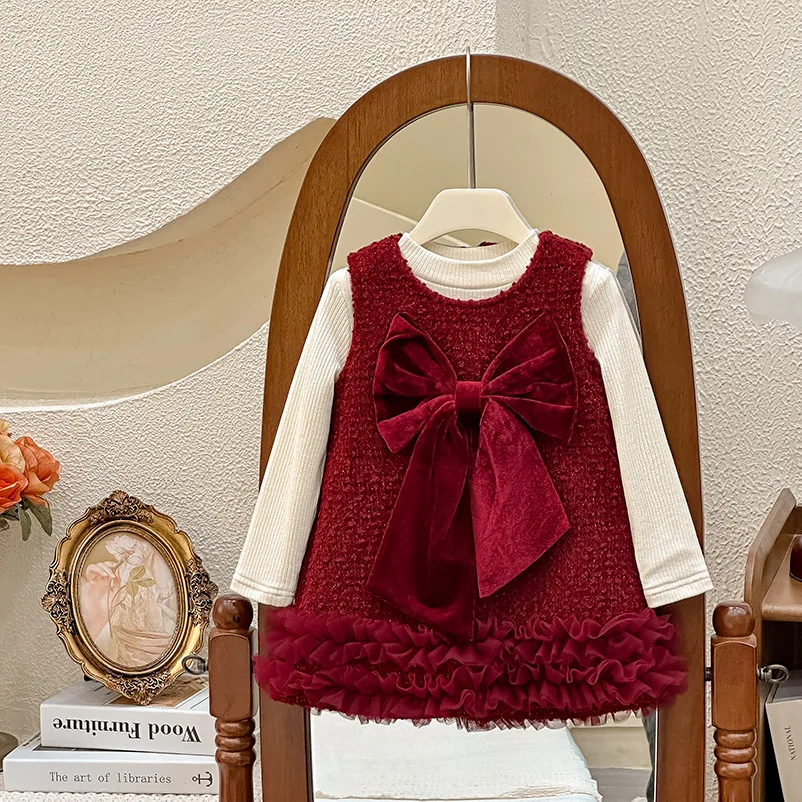 Girls' dress 2024 autumn/winter new fashion oversized bow Christmas dress dress plus velvet New Year suit 90-140cm