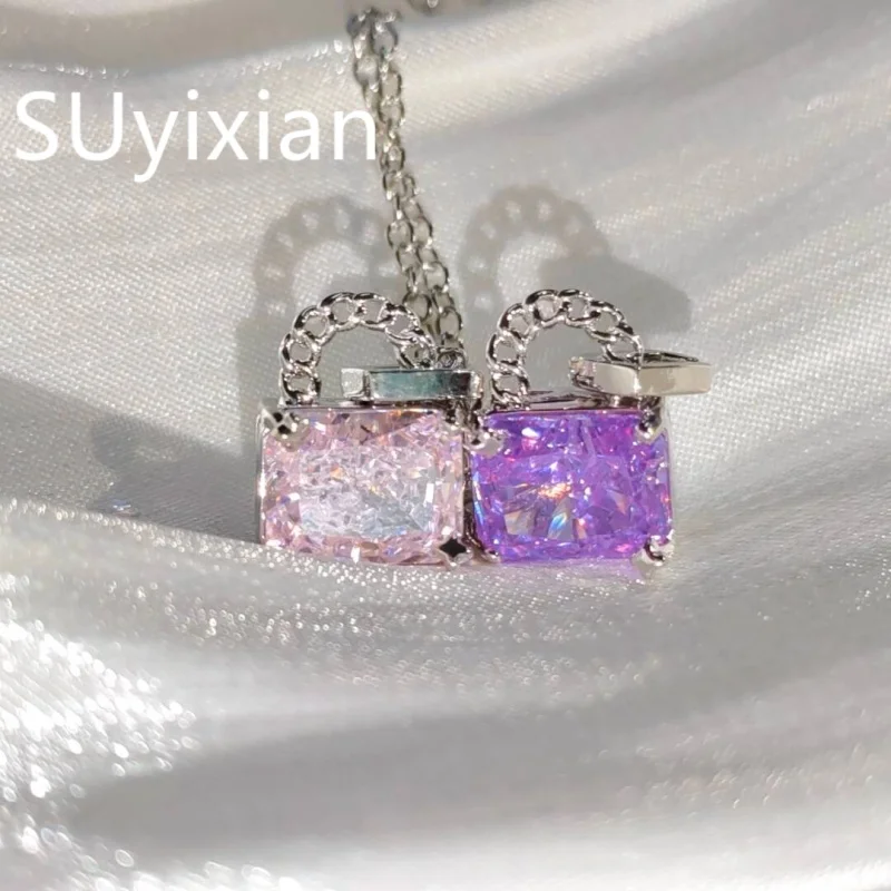 

925 Sterling Silver Fashion Light Luxury Ice Flower Cut Crystal Zirconium Stone Lock Shape Necklace Birthday Anniversary Gift